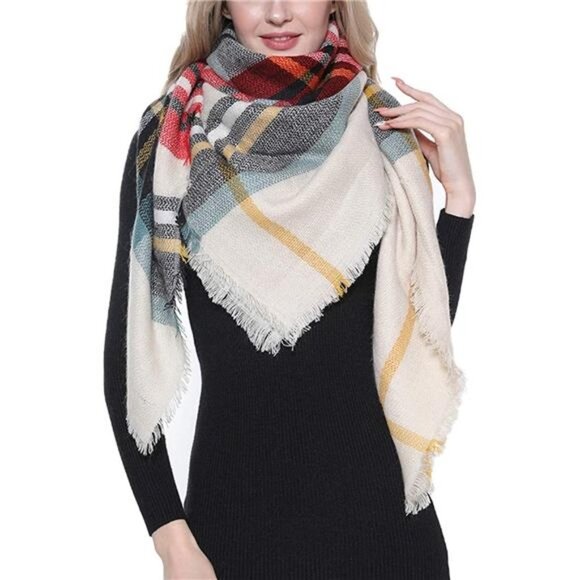 Plaid Print Oversized Blanket Scarf Tartan Checked Shawl Wrap Pashmina Red Cream - Picture 1 of 5